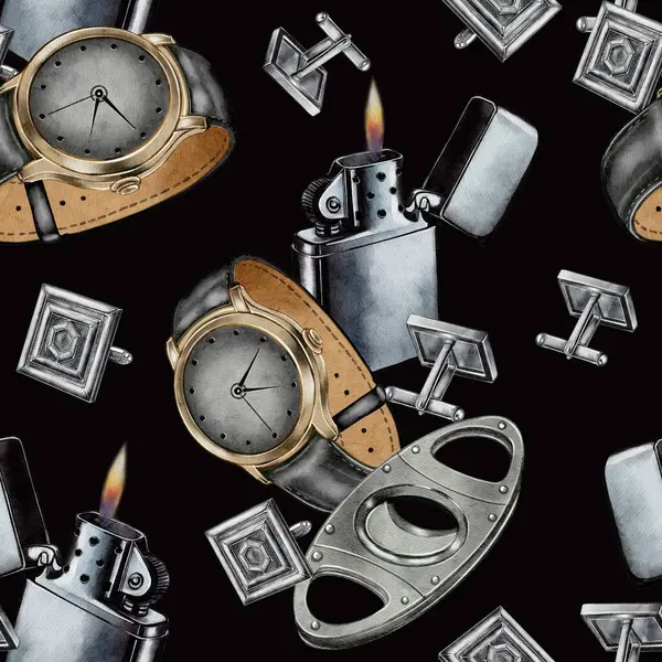 Zarif erkek aksesuarları içeren suluboya desenler: saatler, çakmaklar, kol düğmeleri ve puro kesiciler. Eski tasarımlar, lüks yaşam tarzı ve şık dekorlar için mükemmel..