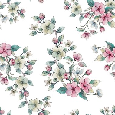 Zarif, pürüzsüz suluboya desenli pembe çiçekler ve beyaz arka planda yeşil yapraklar. Tekstil, duvar kağıdı, kırtasiye, hediye paketi ve romantik tasarımlar için mükemmel..