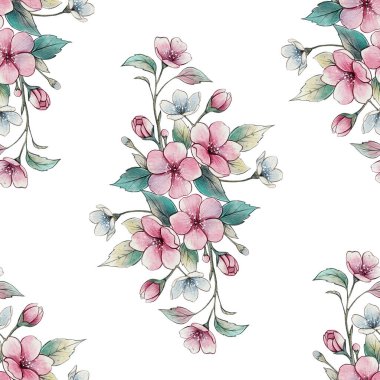 Zarif, pürüzsüz suluboya desenli pembe çiçekler ve beyaz arka planda yeşil yapraklar. Tekstil, duvar kağıdı, kırtasiye, hediye paketi ve romantik tasarımlar için mükemmel..