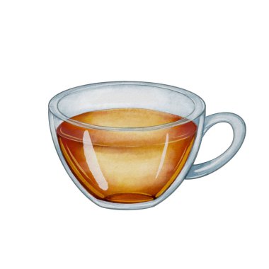 Sıcak çayla cam bardağın suluboya çizimi. Çay paketleme, menüler, yemek kitapları, kartpostallar, tekstil, kafeler, restoranlar, etiket tasarımı ve dekor için elverişli.