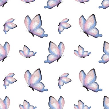 Kelebek desensiz, beyaz arka planda suluboya çizimi. Tekstil baskıları, duvar kağıtları, bahar tasarımları, hediye paketleri, tebrik kartları ve çocuk ürünleri için mükemmel..