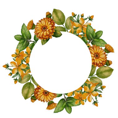 Yeşil yapraklı, çizimli, suluboya resimli çiçek ve bitkilerden oluşan bir çelenk. Kartlar, davetiyeler, ambalajlar, eko markalar, mevsimlik dekorlar ve şenlikli tasarımlar için ideal.