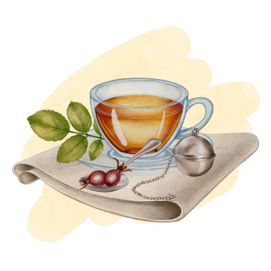 Peçete, çizim, suluboya resimleme üzerine yapraklı, böğürtlenli ve çay karıştırıcılı bir fincan bitki çayı. Paketleme, kartlar, baskılar, web tasarımı, tekstil, yapıştırma kitabı ve çıkartmalar için mükemmel.