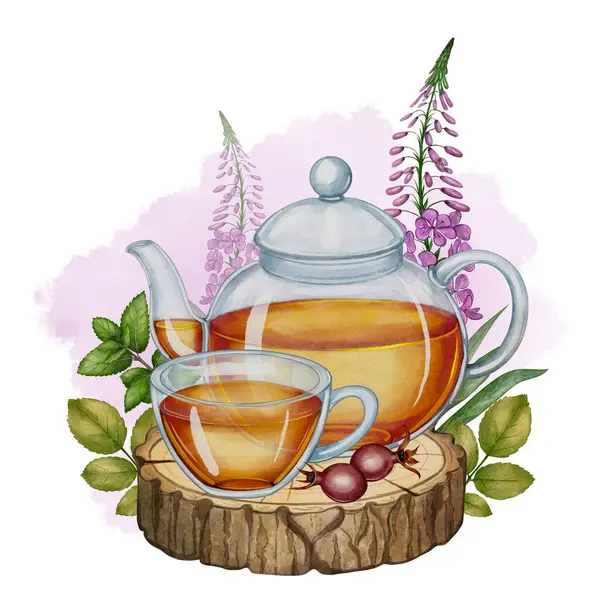 Ateşotu çiçekli bitki çayı seti, cam çaydanlık ve ahşap tezgahta bardak, suluboya resimleme. Çay dükkanı markası, bitki çayı ambalajı, ekolojik gıda tasarımı, doğal ürün sunumu için ideal 