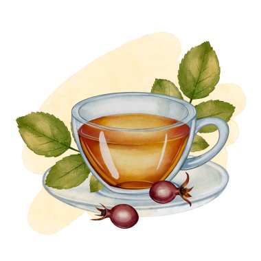 Yeşil yapraklı ve böğürtlenli cam bardakta bitkisel gül çayının suluboya çizimi. Beyaz arka plan. Paketleme, yemek kitapları, doğal kozmetik ve eko tasarım için ideal.