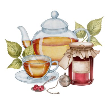 Çaydanlıkta çay ve fincanda ahududu reçel kavanozu, çay süzgeci ve yeşil yapraklar. Suluboya resim çizimi. Paketleme, çay dükkanı markalaşması, mutfak dekorasyonu ve yemek tarifleri için harika..