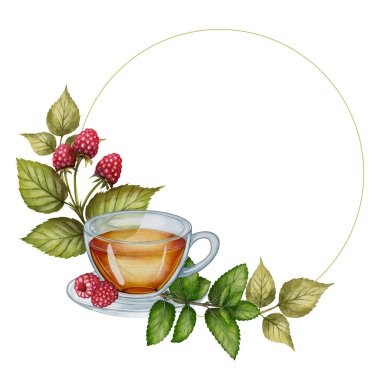 Çay bardağı, ahududu, yeşil yapraklar ve yuvarlak çerçeve, beyaz arka planda suluboya çizimi. Çay paketleri, etiketler, kartlar, davetiyeler ve yaz tasarımları için mükemmel..
