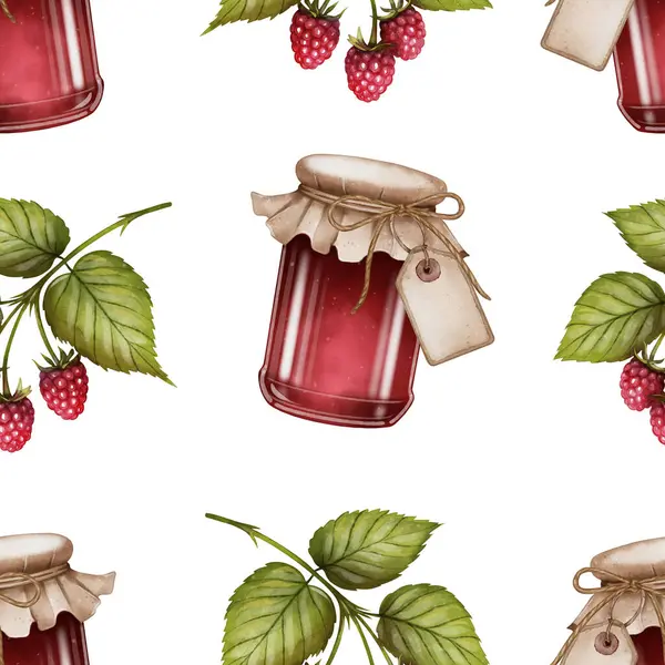 Reçel ve ahududu desenli, dijital suluboya şeklinde çizilmiş. Paketleme, tekstil tasarımı, mutfak dekorasyonu, ambalaj kağıdı, etiketler, yemek blogları ve ev yapımı ürün markalaşması için harika..