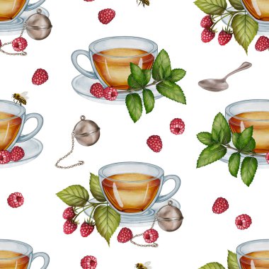 Suluboya çay fincanları, ahududu yaprakları, böğürtlen, çay süzgeci ve beyaz arka planda kaşıkla kusursuz desen. Paketleme, tekstil, menü tasarımı ve doğal ürünler için mükemmel.