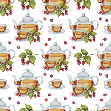  Sulu çaydanlık, çay fincanları, ahududu yaprakları ve beyaz arka planda böğürtlenlerle kusursuz desen. Çay ve doğal ürünler için ambalaj, menü, tekstil ve tasarımlar için uygundur.