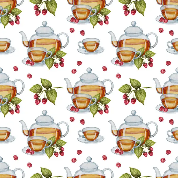  Sulu çaydanlık, çay fincanları, ahududu yaprakları ve beyaz arka planda böğürtlenlerle kusursuz desen. Çay ve doğal ürünler için ambalaj, menü, tekstil ve tasarımlar için uygundur.