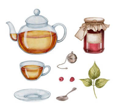 Çaydanlıkta çay ve fincanda ahududu reçel kavanozu, çay süzgeci ve yeşil yapraklar. Suluboya resim çizimi. Paketleme, çay dükkanı markalaşması, mutfak dekorasyonu ve yemek tarifleri için harika..