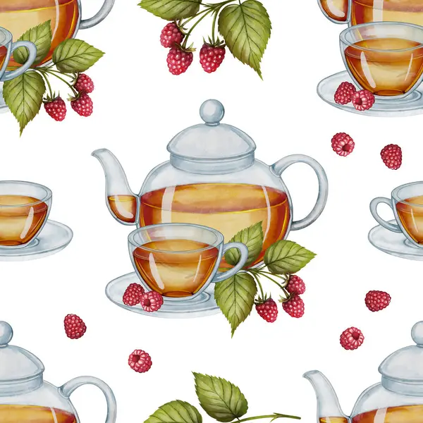  Sulu çaydanlık, çay fincanları, ahududu yaprakları ve beyaz arka planda böğürtlenlerle kusursuz desen. Çay ve doğal ürünler için ambalaj, menü, tekstil ve tasarımlar için uygundur.