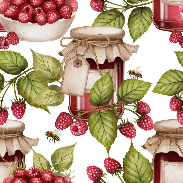 Reçel ve ahududu desenli, dijital suluboya şeklinde çizilmiş. Paketleme, tekstil tasarımı, mutfak dekorasyonu, ambalaj kağıdı, etiketler, yemek blogları ve ev yapımı ürün markalaşması için harika..