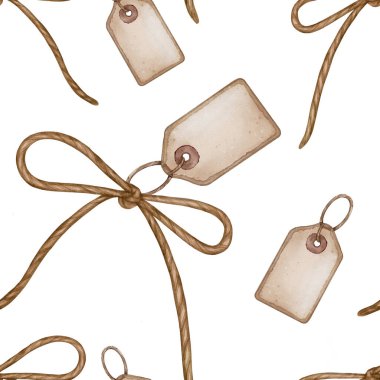Hediye etiketleri ve sicim yay desenleri, dijital suluboya tarzında çizim. Paketleme, hediye paketleme, hatıra defteri, kağıt ürünleri, tekstil tasarımı, arka plan, davetiyeler ve mevsimlik dekorasyon için ideal.
