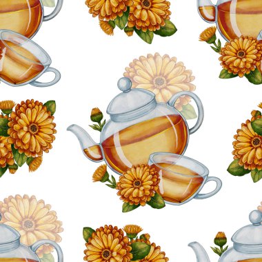 Cam çaydanlıklı kusursuz desen, bir fincan Calendula çayı ve takvim çiçekleri. Elle çizilmiş çiçek çizimi. Tekstil, ambalaj ve bitkisel ürün tasarımı için suluboya ideal.