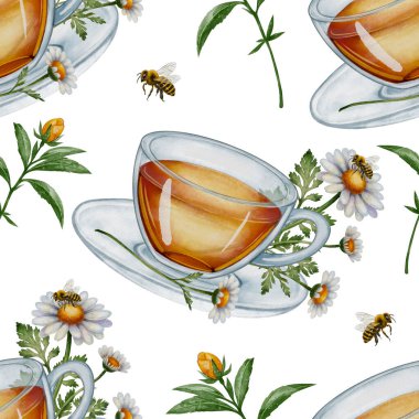 Çiçek açan St. Johns otları ve yeşil yapraklarla kusursuz bir desen. El yapımı botanik çizimi. Suluboya resim Tekstil, ambalaj ve doğal ürün tasarımı için mükemmel.