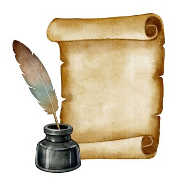 Mürekkep hokkası ve tüy kalemi olan eski parşömen tomarı. El boyaması çizim. Beyaz arka planda suluboya tekniği. Fantezi temaları, davetiyeler, kartlar veya tarihsel illüstrasyon kullanımı için uygundur