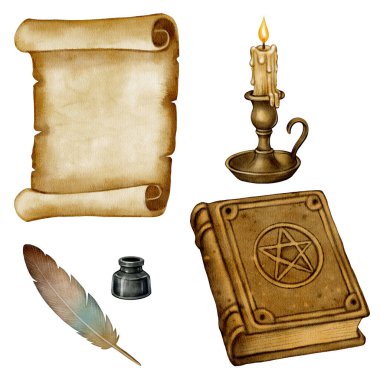 Kapağında pentagram olan eski bir büyü kitabı, bir parşömen tomarı, tüy kalem ve mürekkep ve yanan bir mum. Fantezi, cadılık ya da büyülü hikaye anlatma sahneleri için mükemmel..