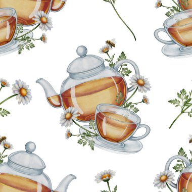 Cam çaydanlık, papatya çayı ve papatya çiçekli kusursuz desen. El yapımı botanik çizimi. Suluboya resim Tekstil, ambalaj ve bitkisel ürün tasarımı için harika.