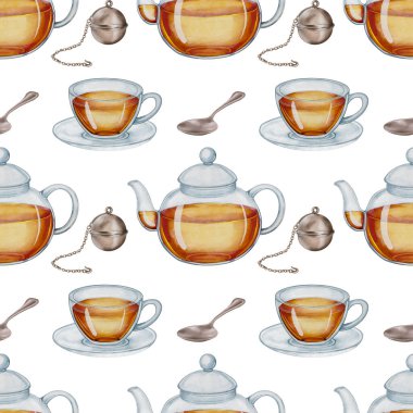 Suluboya çaydanlıklar, çay fincanları, çay süzgeci ve beyaz arka planda kaşıklar. Elle çizilmiş, pürüzsüz desen. Mutfak tekstili, ambalaj, çay markası ve rahat içecek tasarımları için mükemmel..