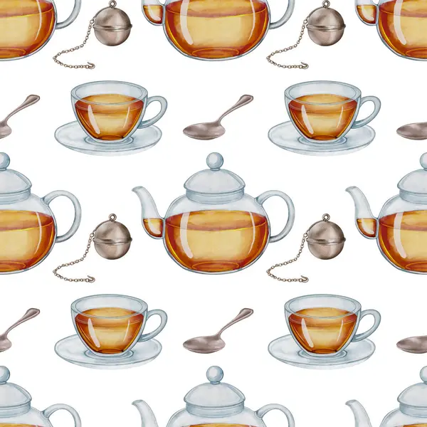 Suluboya çaydanlıklar, çay fincanları, çay süzgeci ve beyaz arka planda kaşıklar. Elle çizilmiş, pürüzsüz desen. Mutfak tekstili, ambalaj, çay markası ve rahat içecek tasarımları için mükemmel..