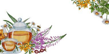 Cam çaydanlıklı suluboya pankart, bitki çayı, kır çiçekleri, papatyalar, kadife çiçekleri ve yapraklar. Çay markalaşması, ambalaj, web sitesi başlıkları ve organik ürün tasarımı için ideal.