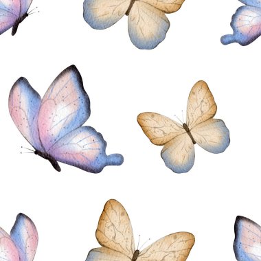 Kelebek desensiz, beyaz arka planda suluboya çizimi. Tekstil baskıları, duvar kağıtları, bahar tasarımları, hediye paketleri, tebrik kartları ve çocuk ürünleri için mükemmel..