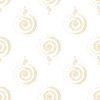 Düzenli olarak düzenlenmiş altın spiral sembollü kusursuz desen. Beyaz arka planda suluboya şeklinde elle çizilmiş bir resim. Paketleme, tekstil ve dijital tasarımlar için ideal.