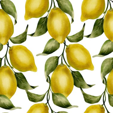 Beyaz arka planda sarı limonlu ve yeşil yapraklı kusursuz suluboya deseni. Paketleme, tekstil, masa örtüsü, ambalaj kağıdı, duvar kağıdı, mutfak, yaz tasarımı için elverişli.