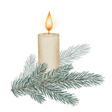 Ağaç dalının suluboya çizimi ve yanan mum. Beyaz arka planda klasik tarzda elle boyanmış kış çizimi. Tatil kartları, ambalajlar, davetiyeler ve mevsimlik dekorasyon için ideal.