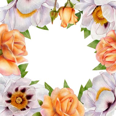 Turuncu güllerle suluboya çerçeve ve beyaz şakayıklar, yeşil yapraklar. Botanik tarzında elle çizilmiş bir resim. Beyaz merkez. Tebrik kartları, doğum günü, düğün, cenaze veya davetiye tasarımı için ideal.