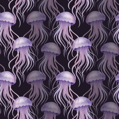 Watercolor seamless pattern with purple jellyfish on dark background. Hand-painted sea animals. Perfect for fabric, kids apparel, packaging, summer and marine themed design