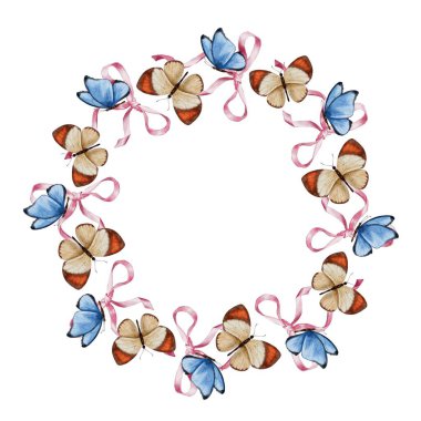 Mavi ve bej kelebek ve pembe papyonlu çelenk, suluboya çizimi. Mükemmel bir düğün kırtasiyesi, selamlar, moda, geçmiş. Kumaş tekstil tasarımı veya ürün ambalajı için