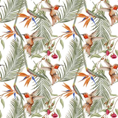 Sinekkuşu, strelitzia, okaliptüs ve tropikal yapraklar beyaz arka planda dikişsiz. Tekstil, kumaş, duvar kağıdı, kart, ambalaj, parti için suluboya çizimi.
