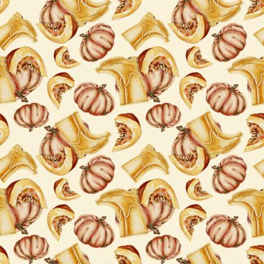 Sonbahar sarısı lastik çizmeler ve turuncu kabak desenli dikişler. Şükran Günü için suluboya resimleme, Hasat Festivali, Cadılar Bayramı parti dekorasyonu, arka plan, duvar kağıdı, ambalaj