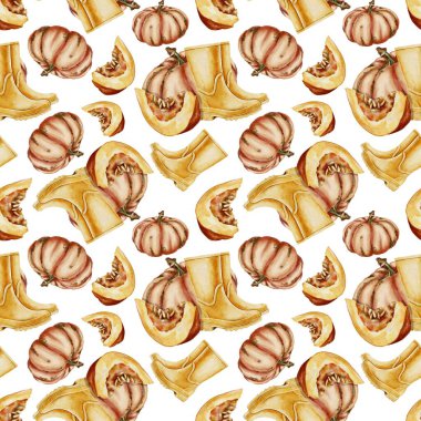 Sonbahar sarısı lastik çizmeler ve beyaz üzerinde turuncu balkabağı deseni. Şükran Günü için suluboya resimleme, Hasat Festivali, Cadılar Bayramı parti dekorasyonu, arka plan, duvar kağıdı, ambalaj