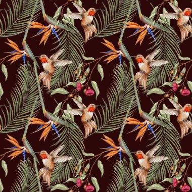 Sinekkuşu, strelitzia, okaliptüs ve koyu arkaplanda dikişsiz palmiye yaprakları. Tekstil, kumaş, duvar kağıdı, kart, ambalaj, parti için suluboya çizimi.