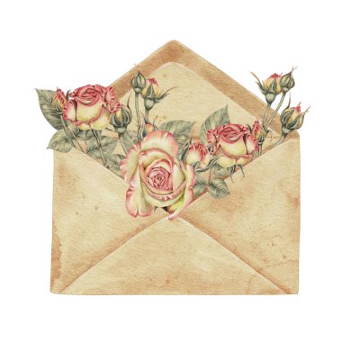 Harfler için retro açık zarf suluboya resimleme. Aşk mektupları, Anneler ve Kadınlar Günü, Sevgililer Günü, Noel davetiyeleri, klasik dekorasyonlar.