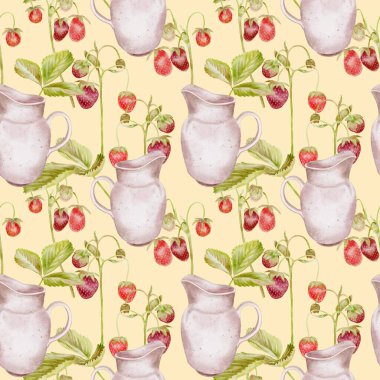 Çiftlik yaban çileği brach 'ı ve sarıda dikişsiz beyaz sürahi desen. Çocuklar için tekstil, dekorasyon yemekleri, meyve suyu, reçel, çocuk partileri, doğum günü etiketleri.