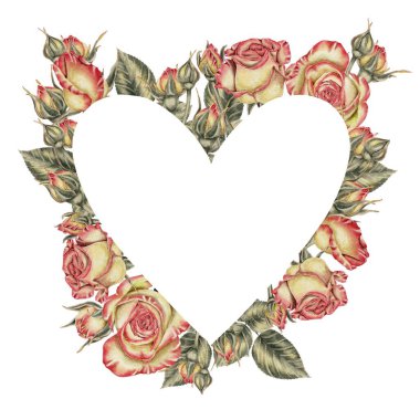 Sarı ve pembe güller, tomurcuklar ve yeşil yapraklar. Beyaz üzerine kalp şeklinde çerçeve. Kartlar, davetiyeler, tatiller için suluboya resim İlkbahar, doğum günü, Sevgililer Günü, düğün veya Anneler Günü.