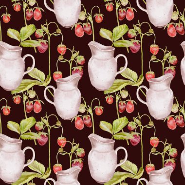 Çiftlik yaban çileği brach 'ı ve siyah üzerine dikişsiz beyaz sürahi desen. Çocuklar için tekstil, dekorasyon yemekleri, meyve suyu, reçel, çocuk partileri, doğum günü etiketleri.