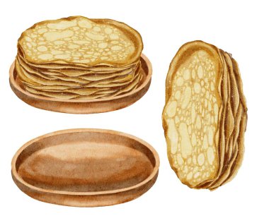Maslenitsa bayramı için ahşap tabakta bir yığın iştah açıcı krep. Beyaz üzerine suluboya resim seti. Restoran menüleri, tarif kitapları, yemek pişirme, mutfak gereçleri..