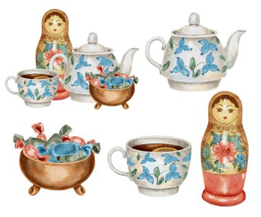Teapot 'lu Rus bebek matryoshka, bir fincan çay ve beyaz üzerine sabitlenmiş ahşap derin kase kompozisyonda çok renkli şeker. Paketler için suluboya çizimi, mutfak tekstili, peçeteler, etiketler.