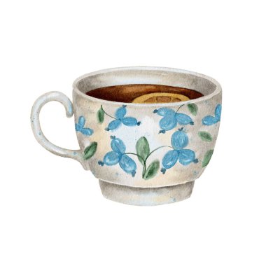 Mavi çiçekli beyaz bardak. Limonlu çay, beyaz üzerine suluboya resim. Çay içmek, doğum günleri ve tatiller, Maslenitsa.