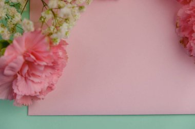 Üzerinde pembe gül tomurcukları olan üst görüntü, gypthe, huzurlu bir pastel arka planda mesaj, aşk ve romantik konsept için metin alanı ile birlikte.
