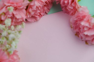 Üzerinde pembe gül tomurcukları olan üst görüntü, gypthe, huzurlu bir pastel arka planda mesaj, aşk ve romantik konsept için metin alanı ile birlikte.