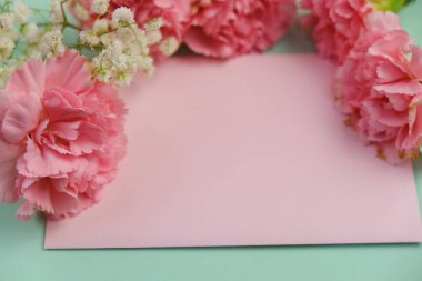 Üzerinde pembe gül tomurcukları olan üst görüntü, gypthe, huzurlu bir pastel arka planda mesaj, aşk ve romantik konsept için metin alanı ile birlikte.