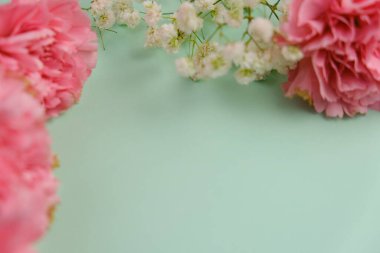 Üzerinde pembe gül tomurcukları olan üst görüntü, gypthe, huzurlu bir pastel arka planda mesaj, aşk ve romantik konsept için metin alanı ile birlikte.