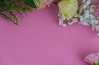 Üzerinde pembe gül tomurcukları olan üst görüntü, gypthe, huzurlu bir pastel arka planda mesaj, aşk ve romantik konsept için metin alanı ile birlikte.